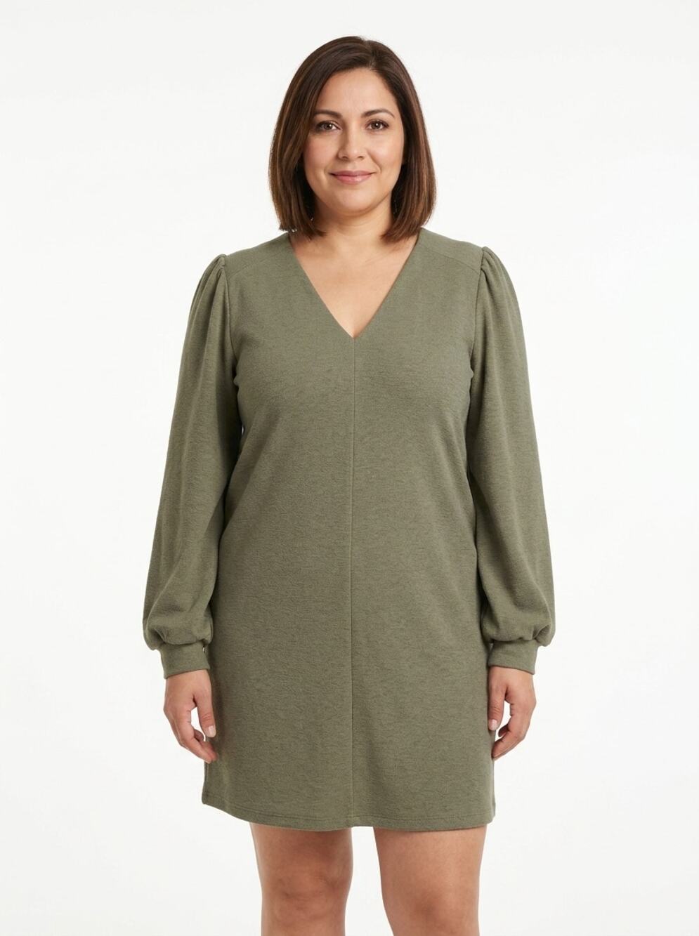 Zara Sage Green Knit V-Neck Puff Sleeve Sweater Dress Women Size XL